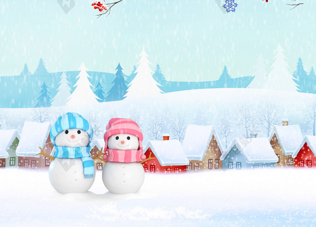 清新雪人小红果大寒冬天冬季大雪小雪下雪小寒蓝色背景海报