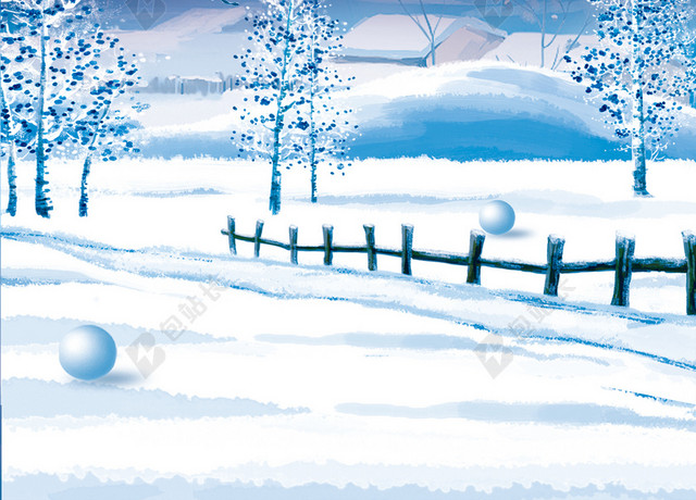 水彩雪景大寒冬天冬季大雪小雪下雪小寒蓝色背景海报