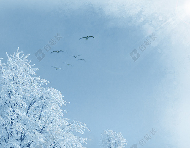 雪人树木车痕大寒冬天冬季大雪小雪下雪小寒白色背景海报