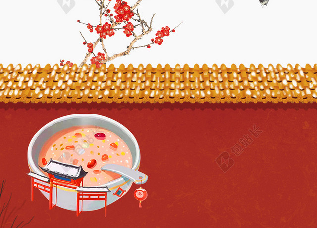 红围墙枝头喜鹊腊八节春节传统节日习俗水白色海报背景