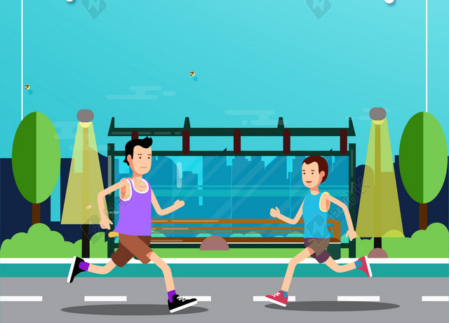 彩绘卡通人物运动健身奔跑蓝色运动海报背景