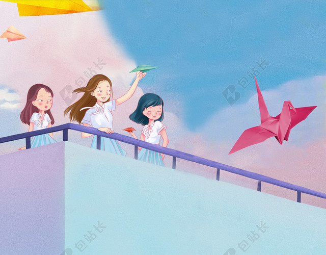 插画校园屋顶放飞纸飞机励志致青春海报背景