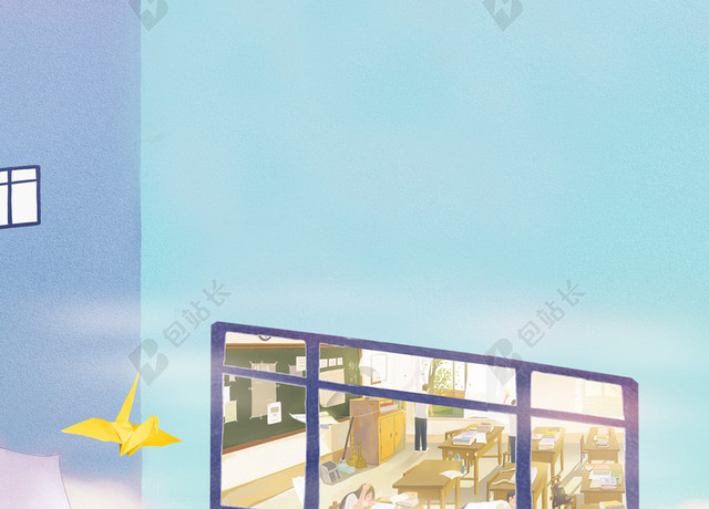 插画校园屋顶放飞纸飞机励志致青春海报背景
