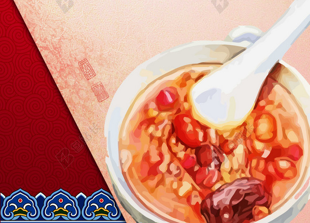 手绘彩铅画腊八粥腊八节传统节日习俗海报红色背景素材