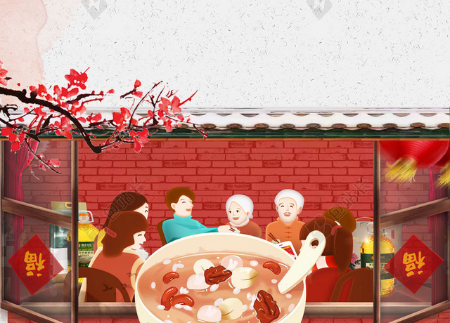 手绘一家人团圆腊八节春节传统节日习俗海报红色背景素材