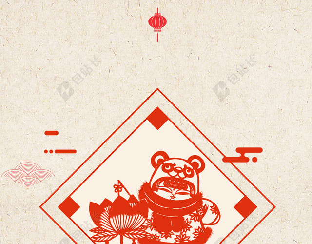剪纸福娃2019春节传统习俗大年初六米色海报背景