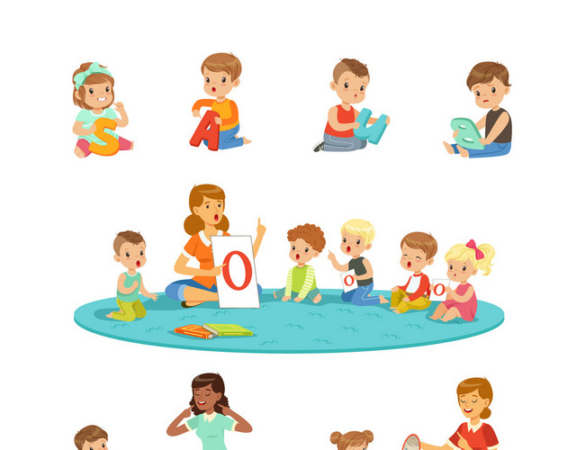 卡通幼儿园学习的儿童插图