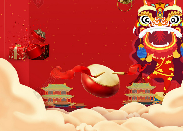 红色背景买年货啦2019年会猪年新年颁奖会议舞台背景海报喜庆