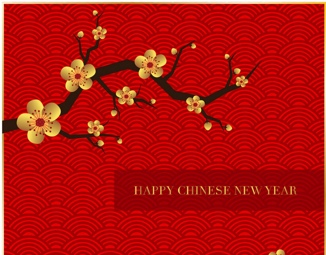 祥云底纹红色背景新年花卉金色素材
