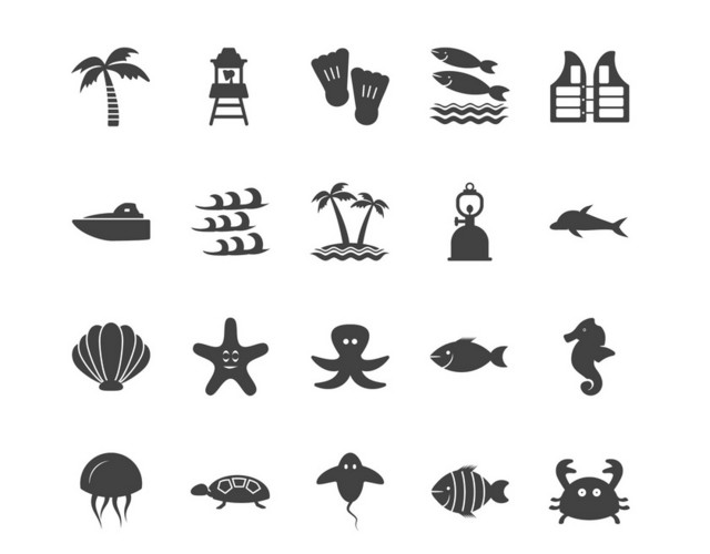 简约涂色沙滩海洋生物图标