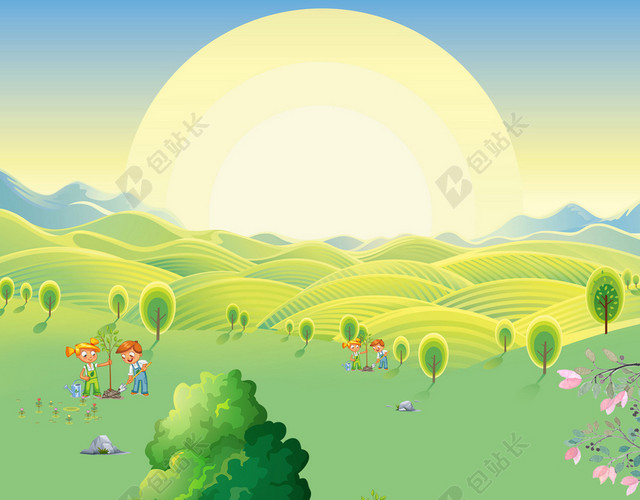 夕阳下的树林312植树节绿色环保海报背景