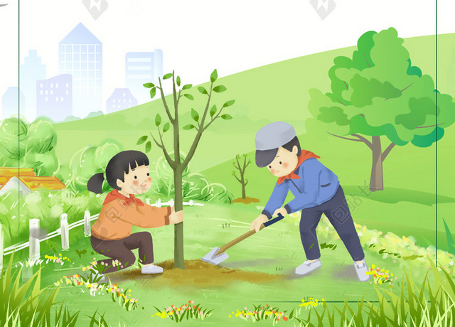卡通远离城市312植树节绿色环保蓝色海报背景