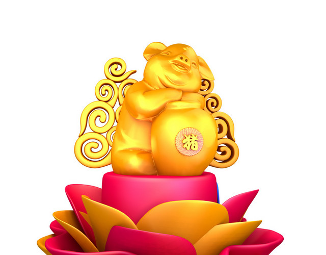 金色小猪坐在花朵上