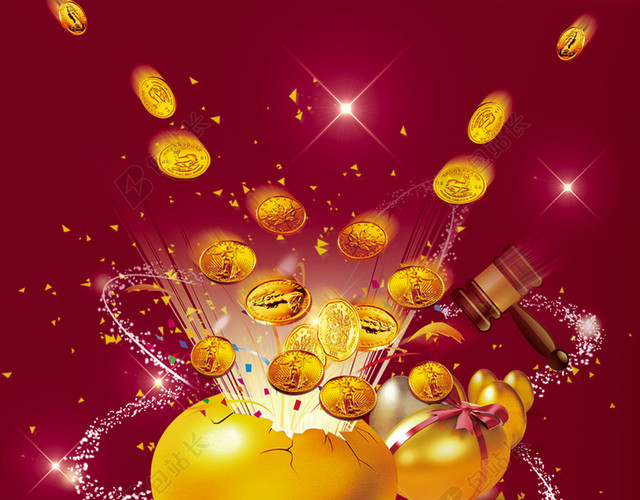 紫红金币促销猪年2019新年砸金蛋海报背景简约金蛋光芒