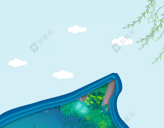蓝天白云鱼鸭戏水柳条摇曳柳条摇曳春意盎然立春二十四节海报背景