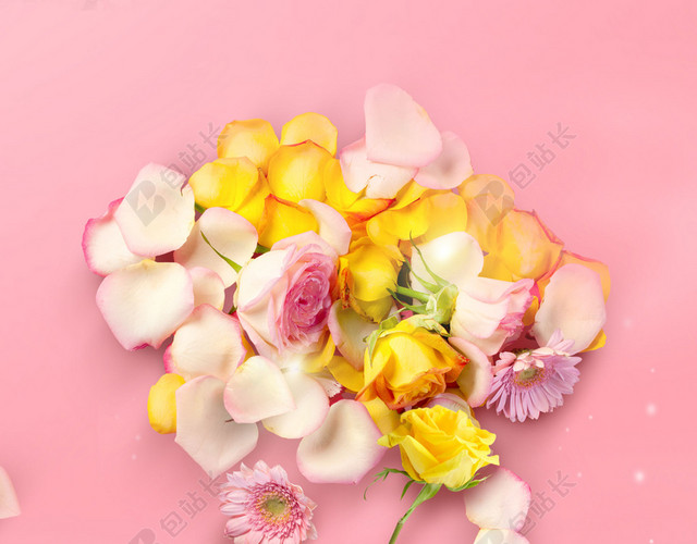 便签黄玫瑰38妇女节女神节活动促销粉色海报背景