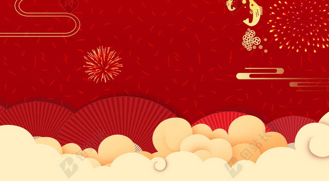 喜庆烟花接春2019猪年喜庆贺小年新年节日吉祥红色背景