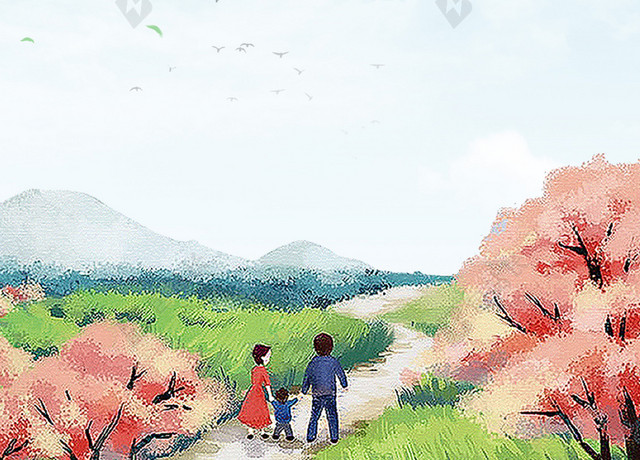 油画质感卡通人物唯美春天旅游踏青春游促销蓝色海报背景