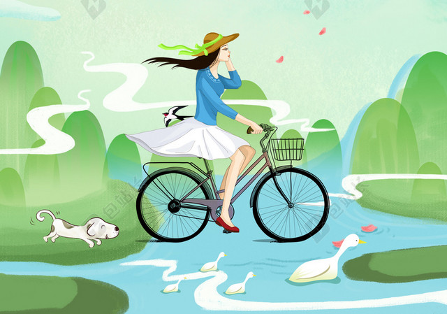 春天春季手绘骑自行车的女孩旅游踏青春游春天促销绿色背景