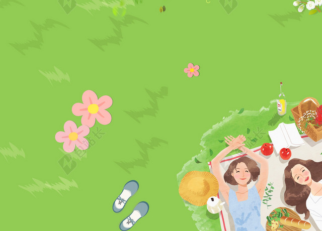春天春季手绘女孩旅游踏青春天春游促销唯美绿色背景