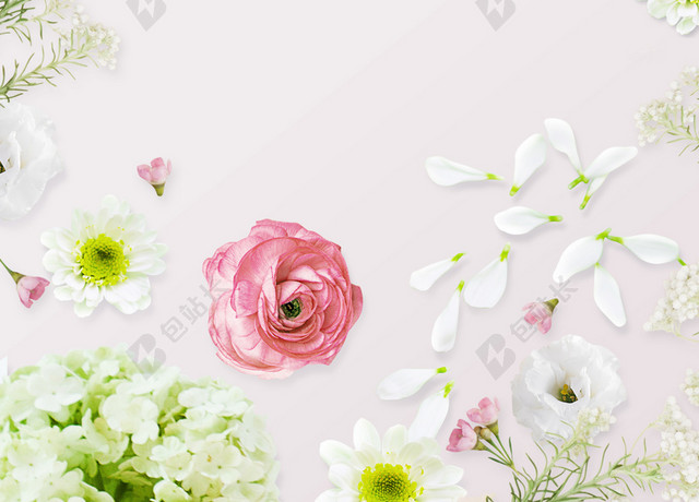 简约鲜花围绕38妇女节女神节活动促销白色海报背景