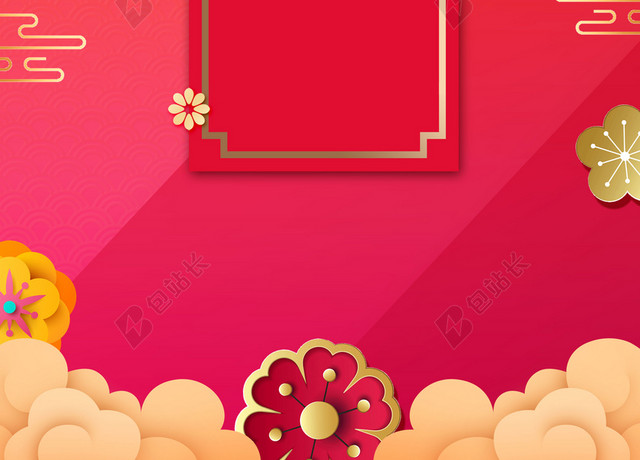 手绘花朵插画红色喜庆2019新年除夕猪年海报红色背景素材
