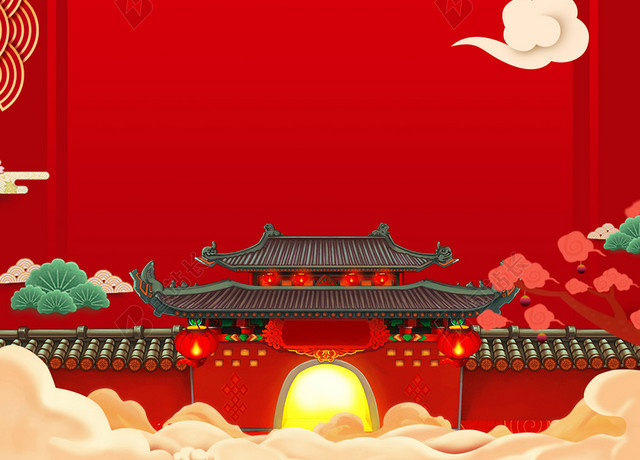 大气建筑中国风2019猪年新年除夕新春过年海报红色背景素材