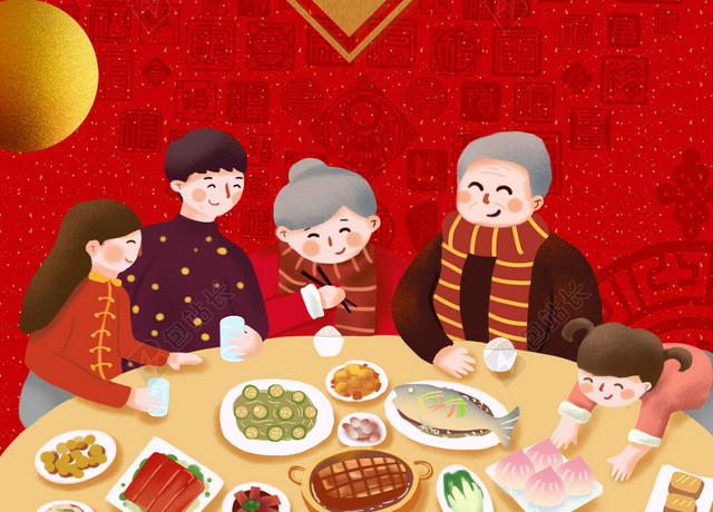 除夕年夜饭团年饭一家人2019新春春节猪年海报红色背景素材