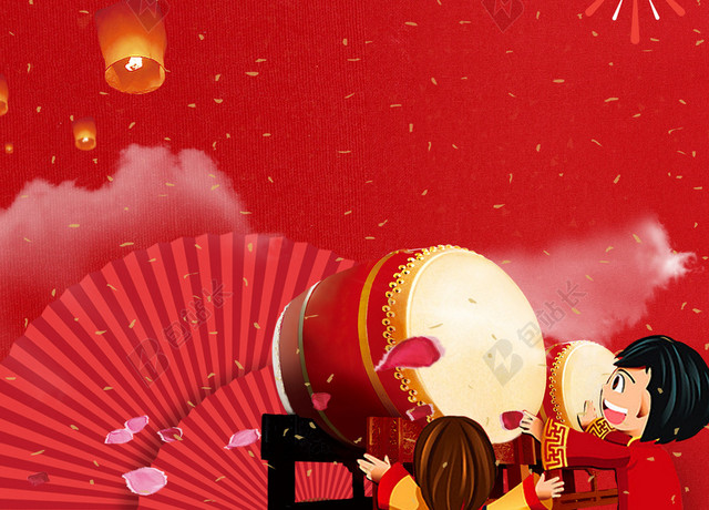 简约中国鼓2019猪年新年新春春节除夕海报红色背景素材