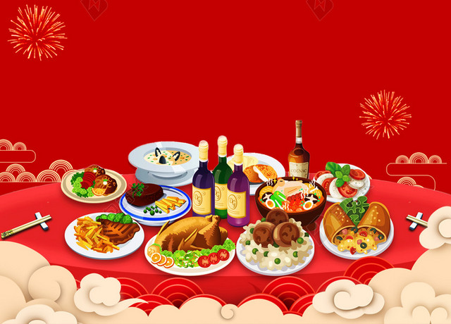 手绘年夜饭除夕夜2019猪年新年新春过年海报红色背景素材