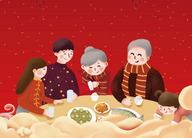 快乐一家人团年饭除夕2019新年猪年春节新春过年海报红色背景素材
