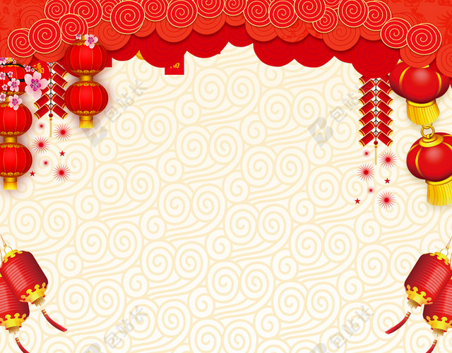金红卷纹鞭炮2019新年猪年拜年啦春节习俗喜庆黄色背景海报