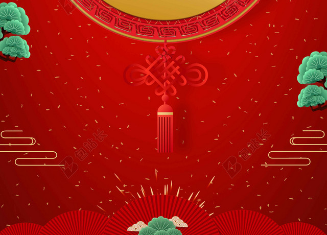红色中国结迎战2019猪年新年过年新春海报喜庆背景