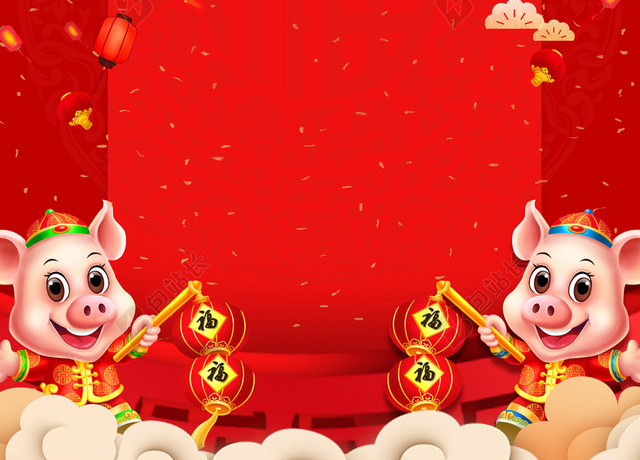 双猪送福2019新年猪年拜年啦春节习俗喜庆红色背景海报