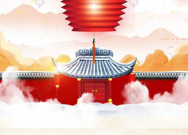 2019猪年新年开门红粉色水彩背景灯笼城门远山飞鸟海报背景
