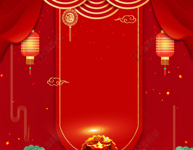 2019卡通城门猪年新年灯笼树开门红红色喜庆海报背景