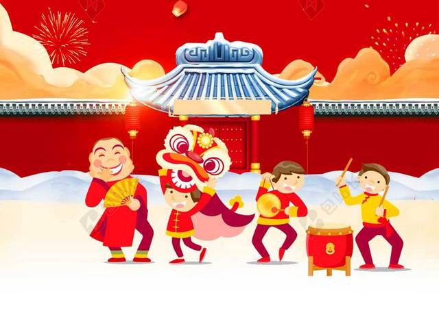 孔明灯2019舞狮红色喜庆开门红新年城门卡通猪年海报背景