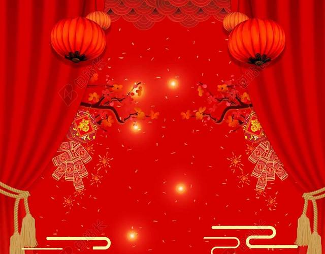 灯笼烟花红色2019新年帷幔开门红城门云海猪年喜庆海报背景