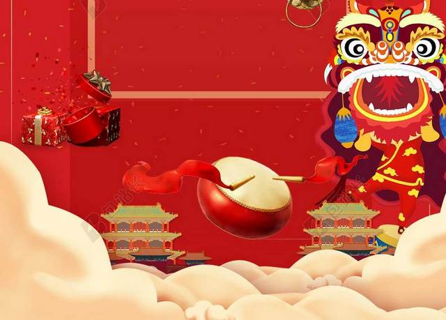 2019云海舞狮红色猪年新年喜庆福袋开门红金币海报背景鼓烟花