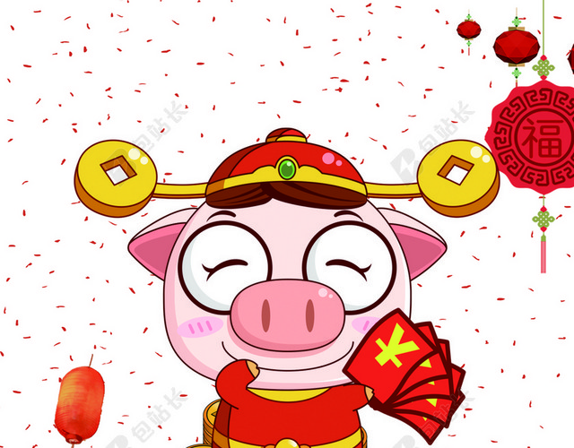 卡通可爱猪官儿财神到迎财神2019新年猪年红包清新海报背景