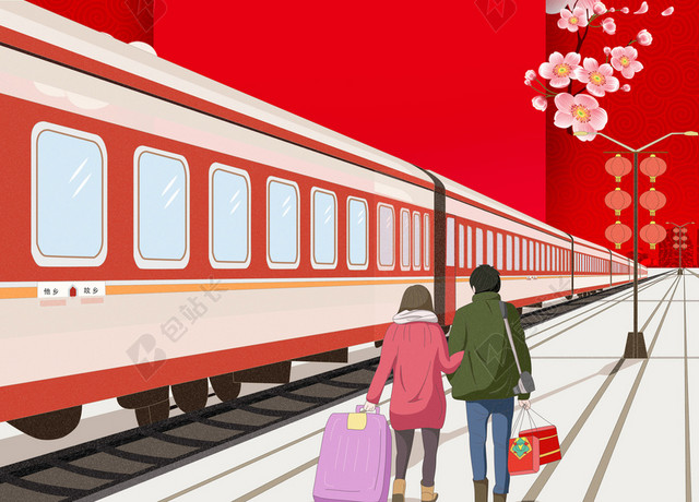 红色2019猪年过年新年春运回家过年海报背景