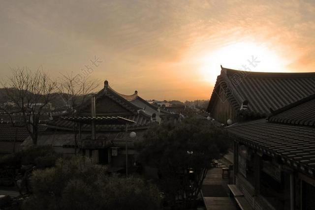 韩国 房子 日落 剪影 结构 古代 秋 历史 里程碑 天空