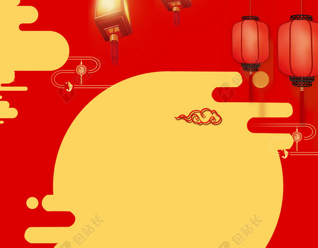 月亮大碗鱼虾年夜饭2019猪年新年过年红色喜庆海报背景