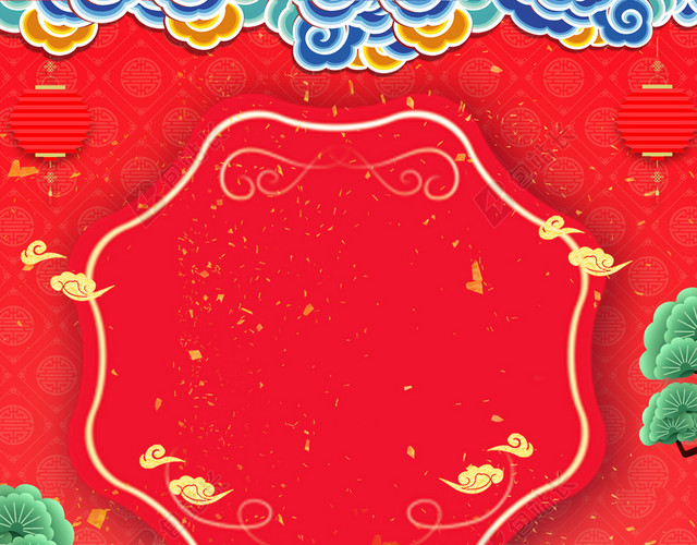 祥云手绘全家吃饭年夜饭2019猪年新年过年白色海报背景