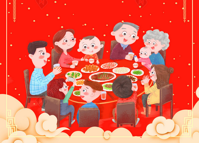 剪纸边框麦穗年夜饭2019猪年新年过年红色海报背景