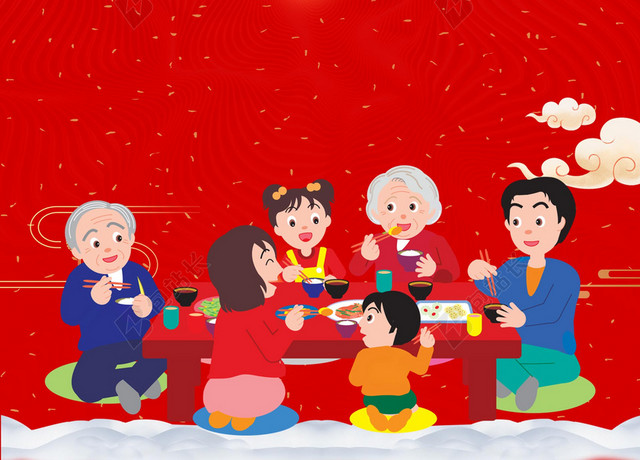 仿古盘坐用餐年夜饭2019猪年新年过年红色海报背景