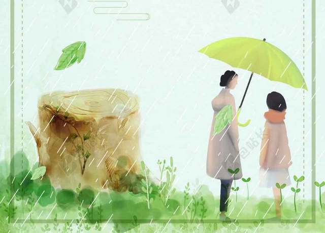传统节日树桩绿色水彩简约雨水二十四节气燕子树枝情人伞海报背景