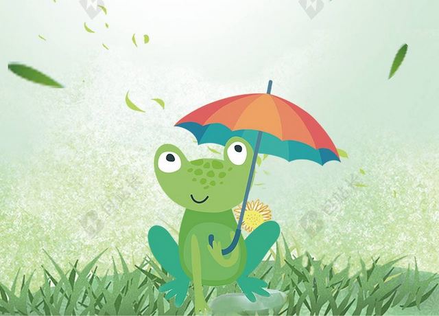 青蛙雨水卡通二十四节气绿色渐变背景传统节日伞青草海报背景
