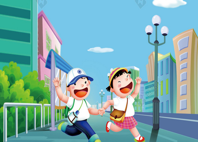 中小学安全教育日卡通蓝色中小学生安全教育日校园文化宣传海报背景