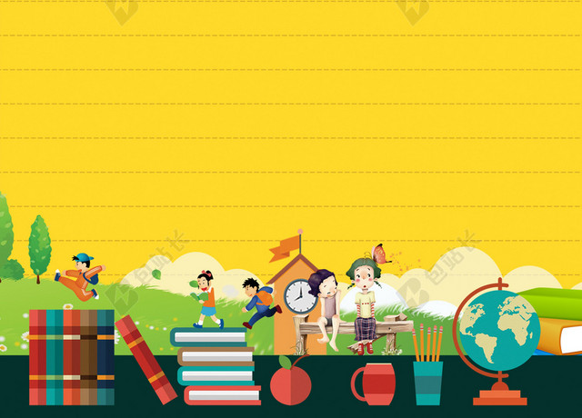 卡通气球书本手绘插画开学季海报黄色背景素材